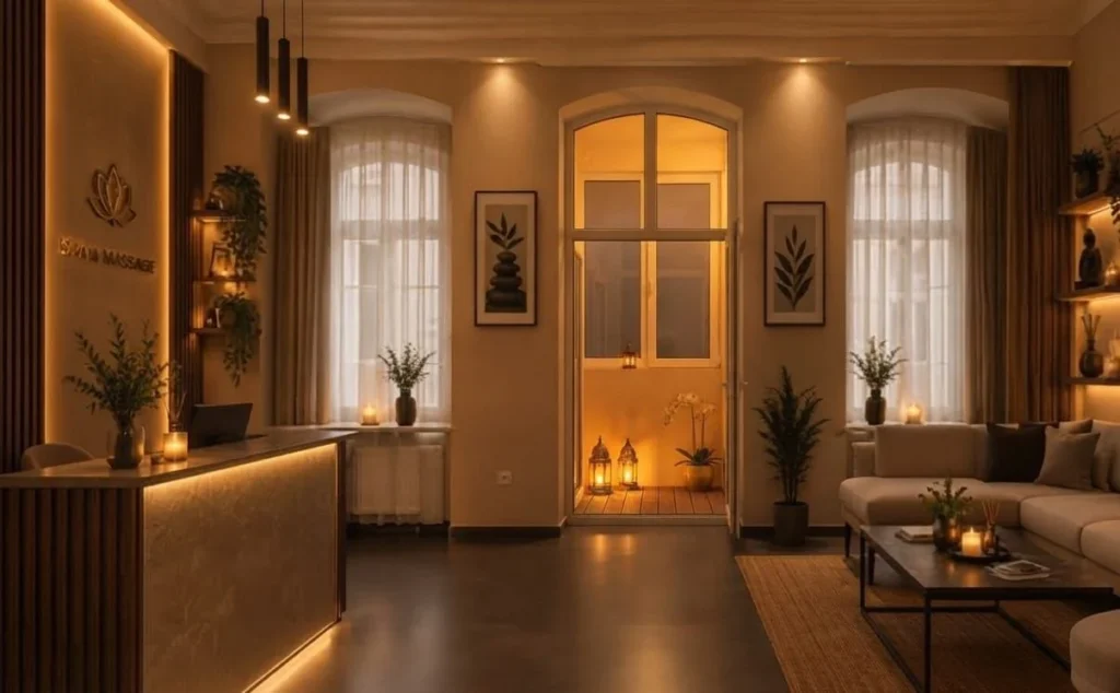 Lounge with candles and sofa, Nizami St Massage & Spa, Baku