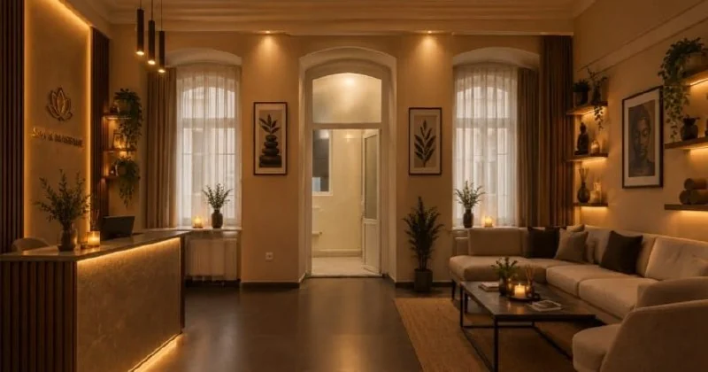 Reception in evening light, Nizami St Massage & Spa, Baku