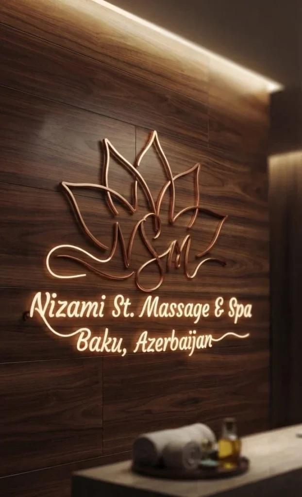 Nizami St Massage & Spa sign on the wooden wall, Baku